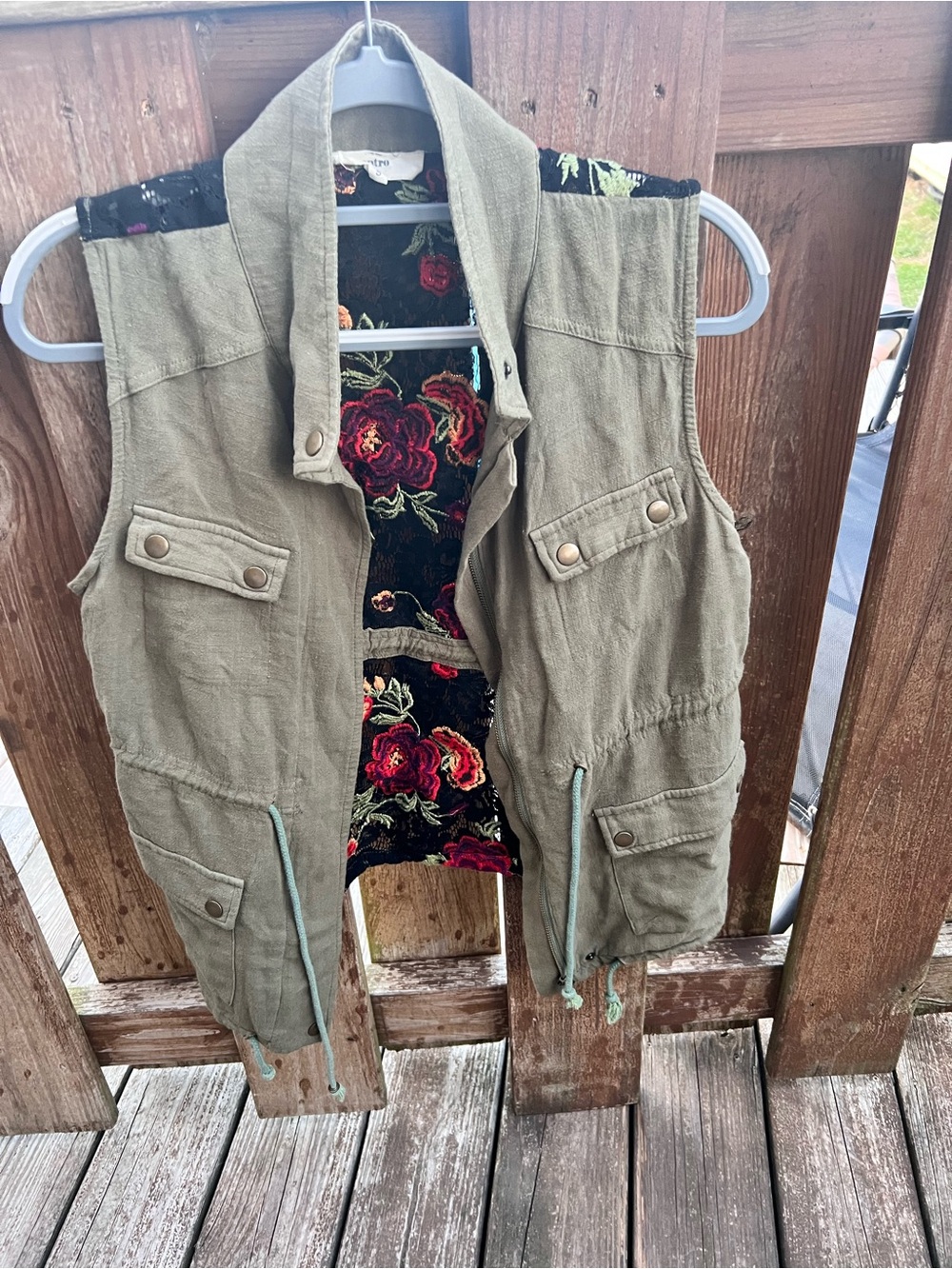 entro Olive Green Utility Vest with Embroidered Floral Back